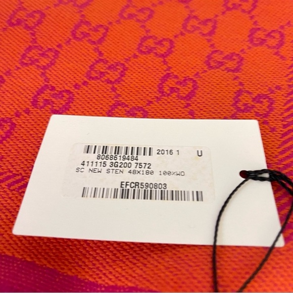 Gucci Sten GG Orange and Pink Fringed Wool Scarf NWT - Picture 6 of 6